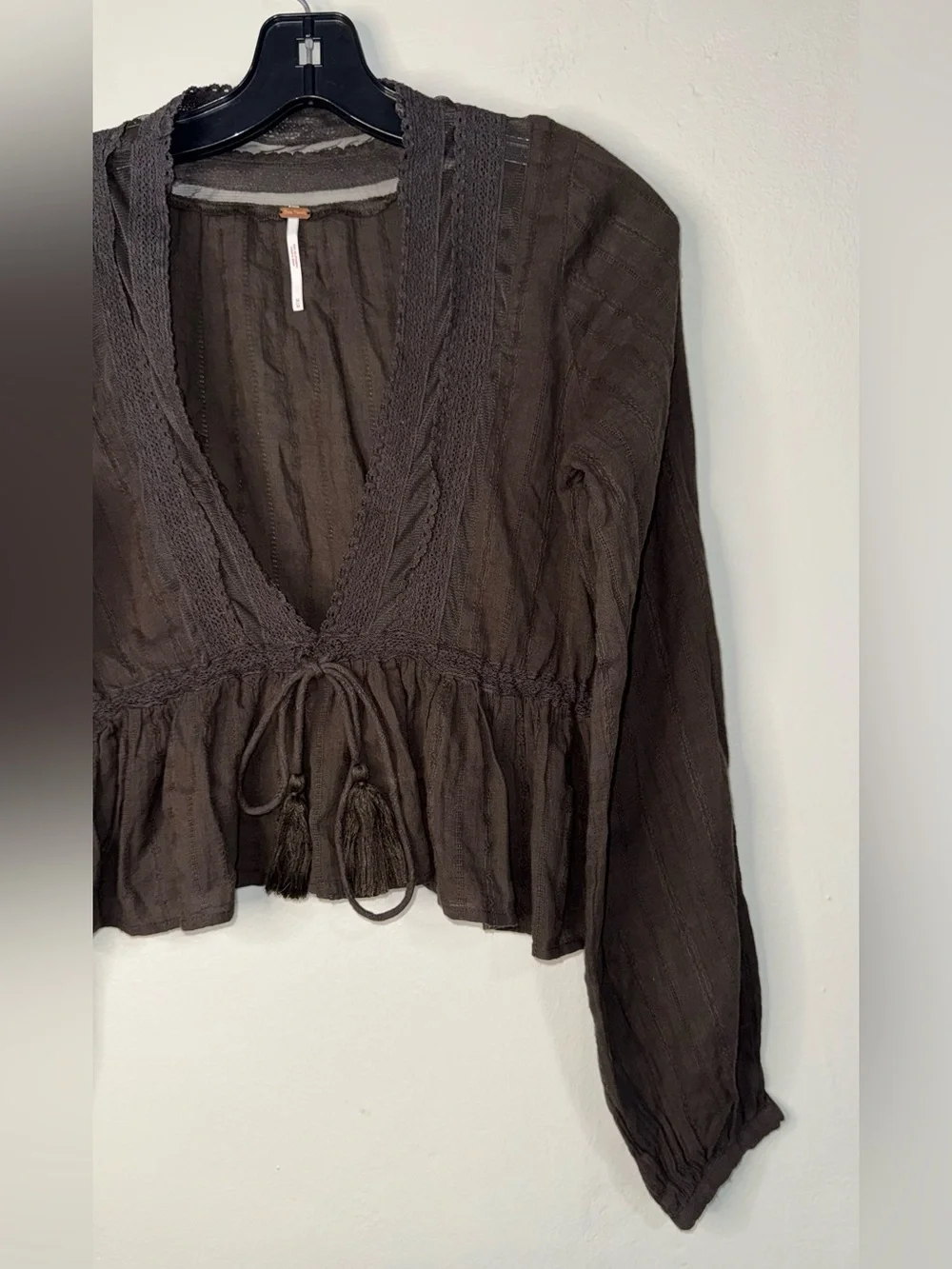 Free People Chocolate Brown V-Neck Peasant Blouse with Tassel Tie